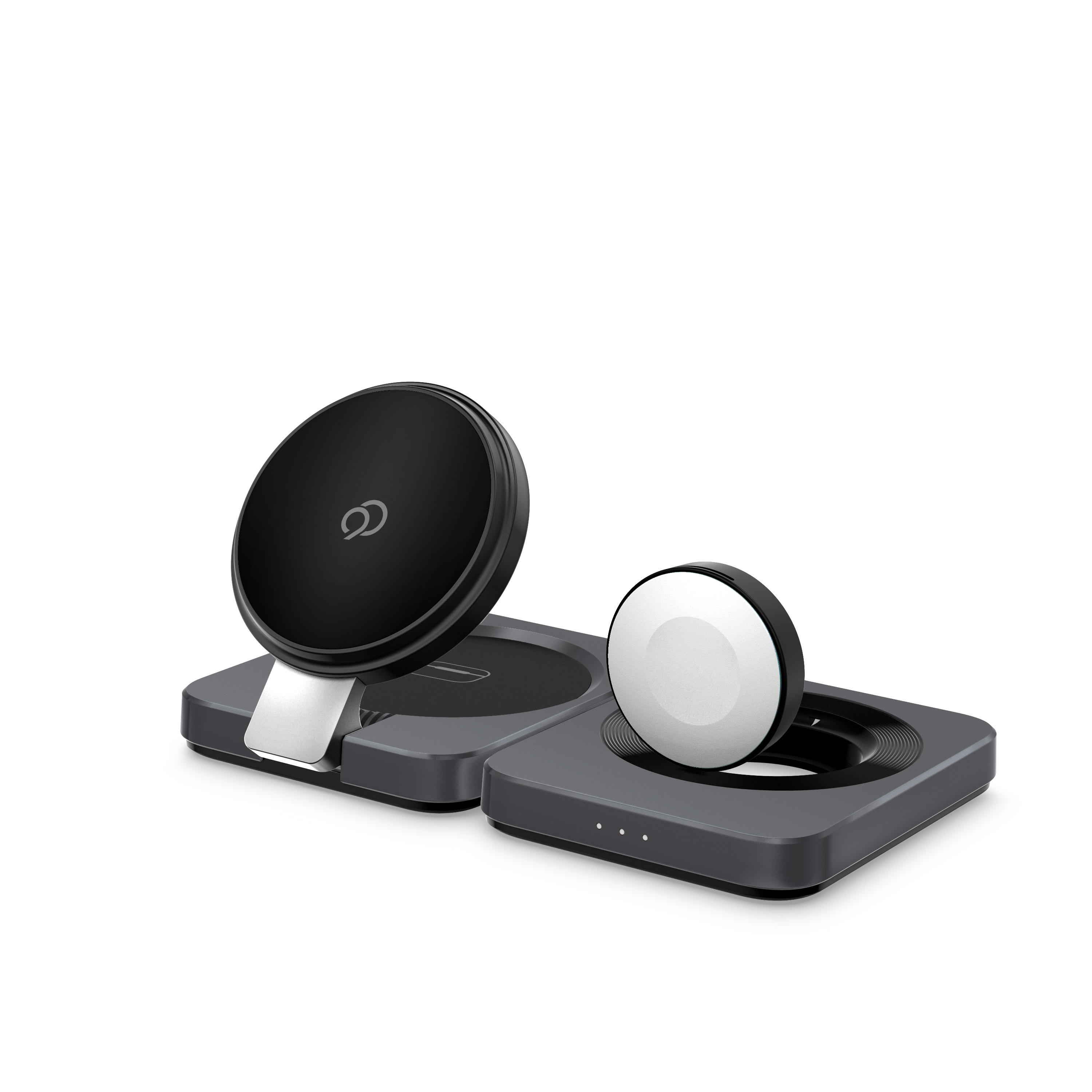 The station open on white, the magnetic phone pad standing on one panel and the round watch charger in its cradle on the other, the flat pad between them
